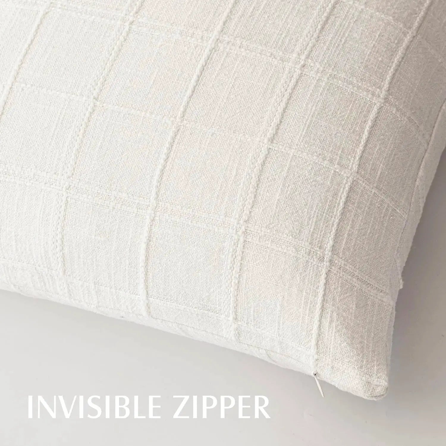 Square cushion cover in cream linen with a checkered grid pattern, 40x40 cm, invisible zipper