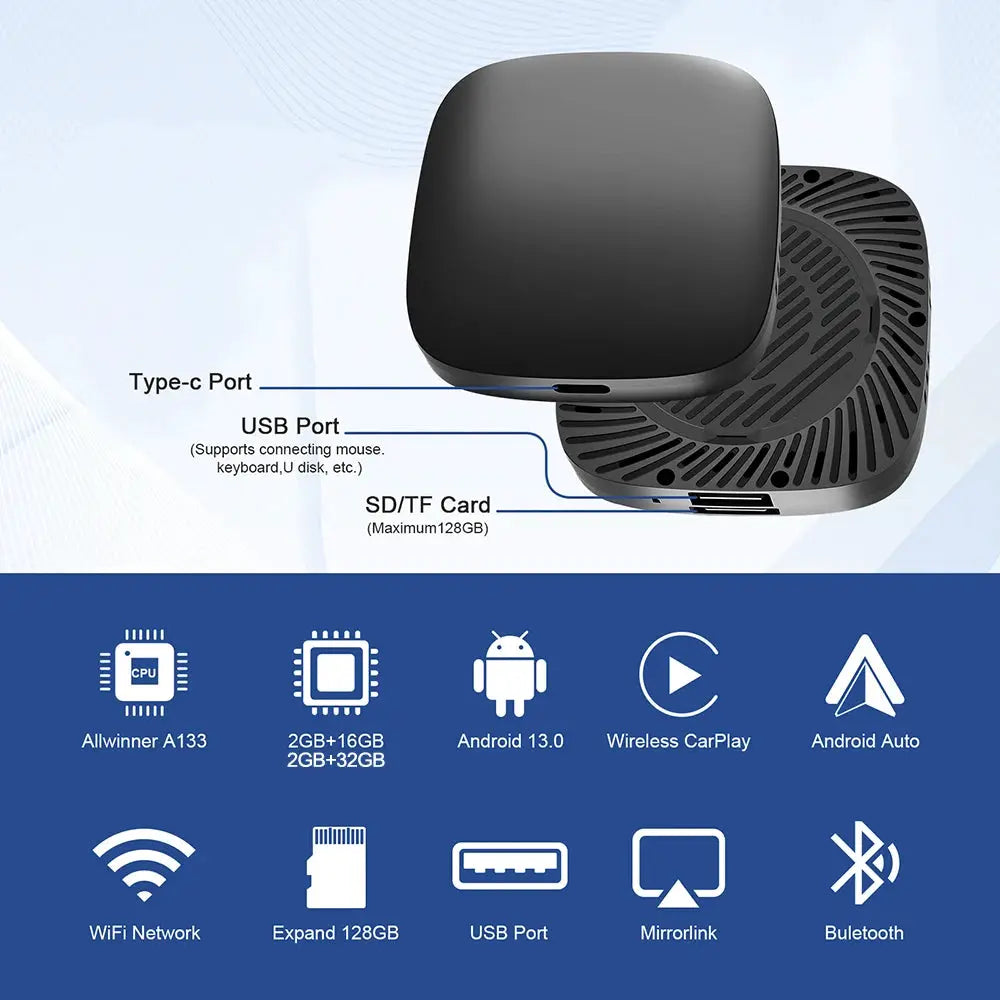 Android 13 TV Box by Simples Market, black cube with USB-C/USB and SD port, built-in CarPlay and Android Auto.