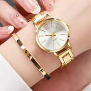 2-piece gold-tone women's quartz watch and cuff bracelet set with steel band