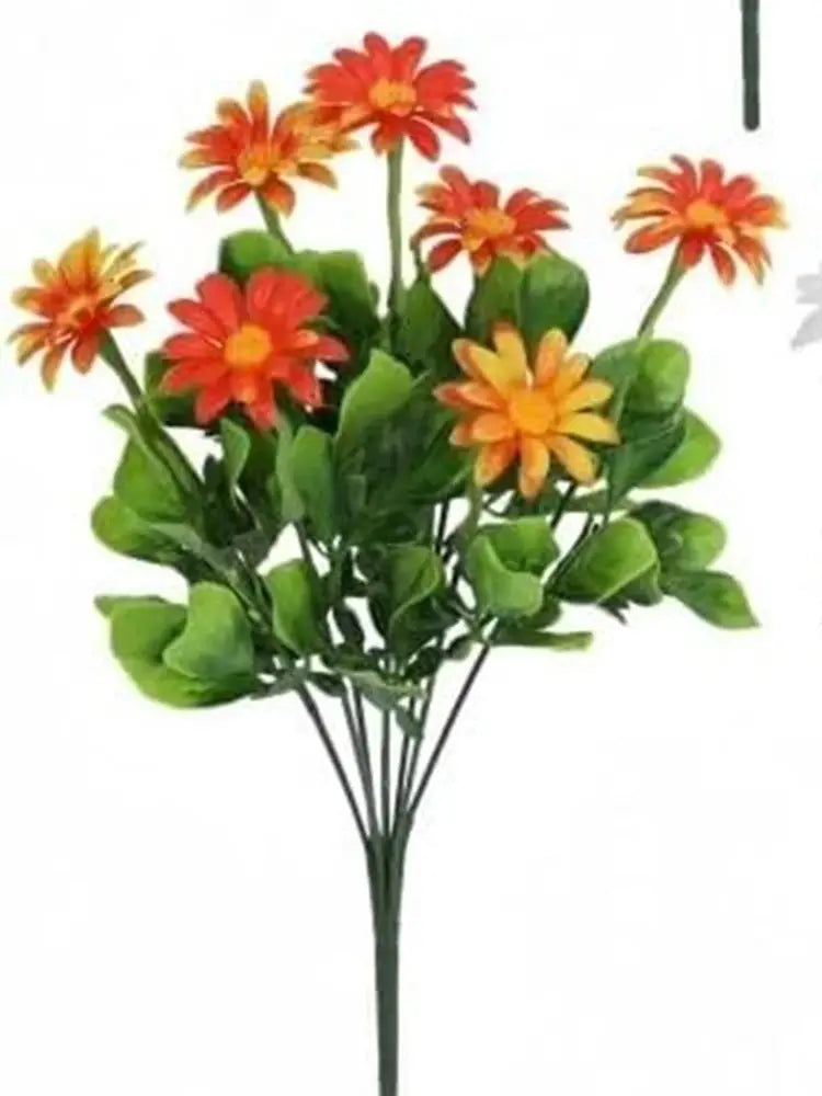 Artificial silk daisies bouquet by Simples Market; orange and yellow blooms with green leaves