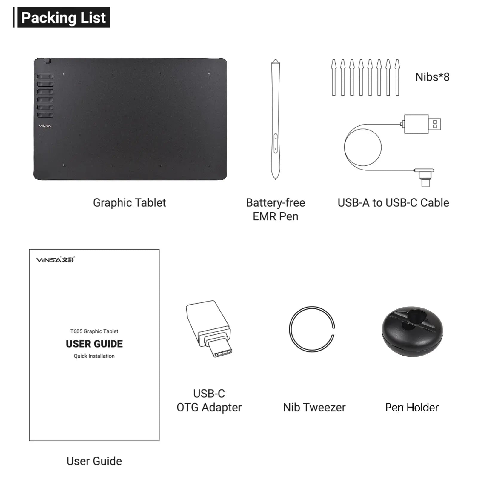 VINSA T1161 black graphics drawing tablet with battery-free EMR pen, 8 nibs, USB-A to USB-C cable