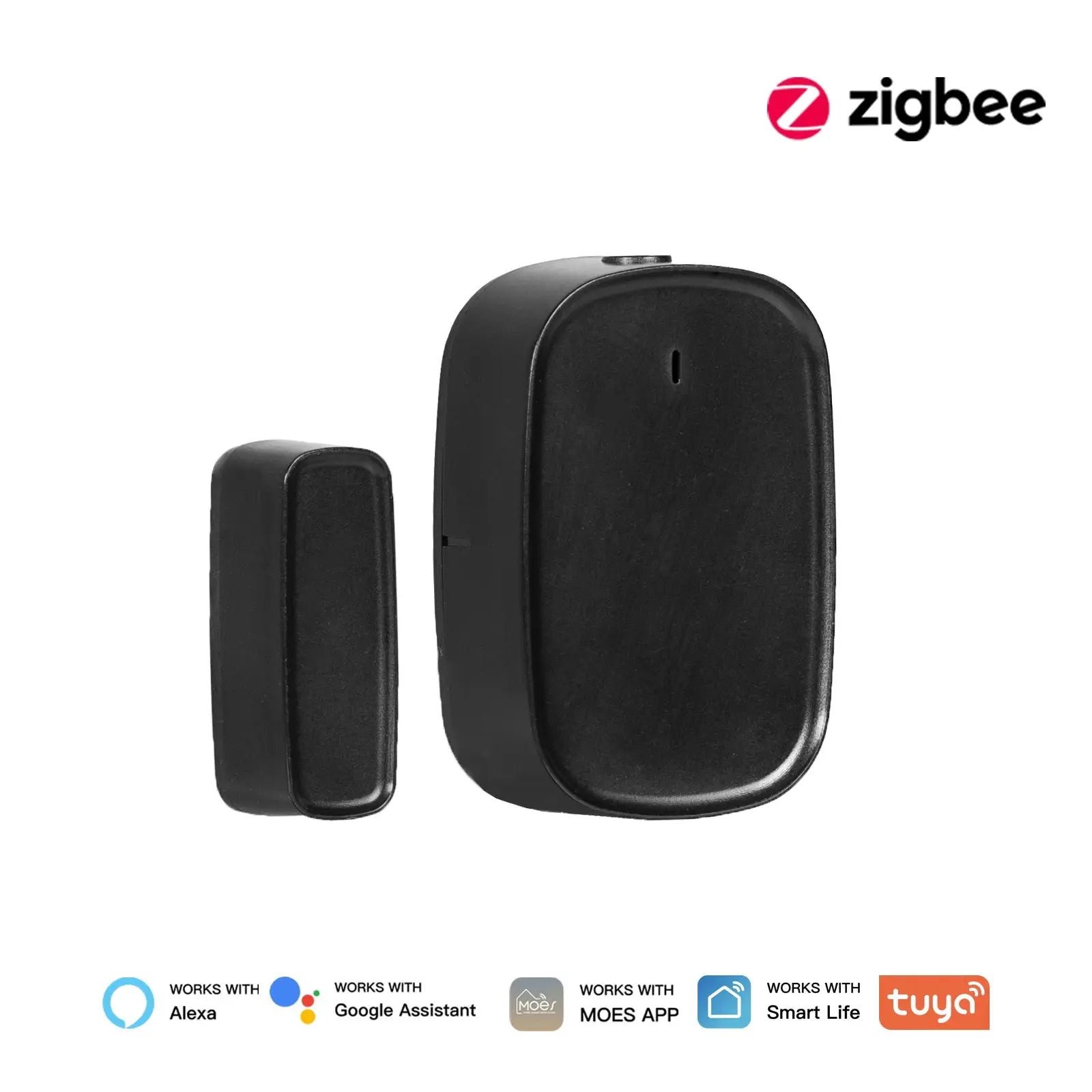 MOES ZigBee window/door sensor pair in black by Simples Market; magnet and main unit for smart home security.