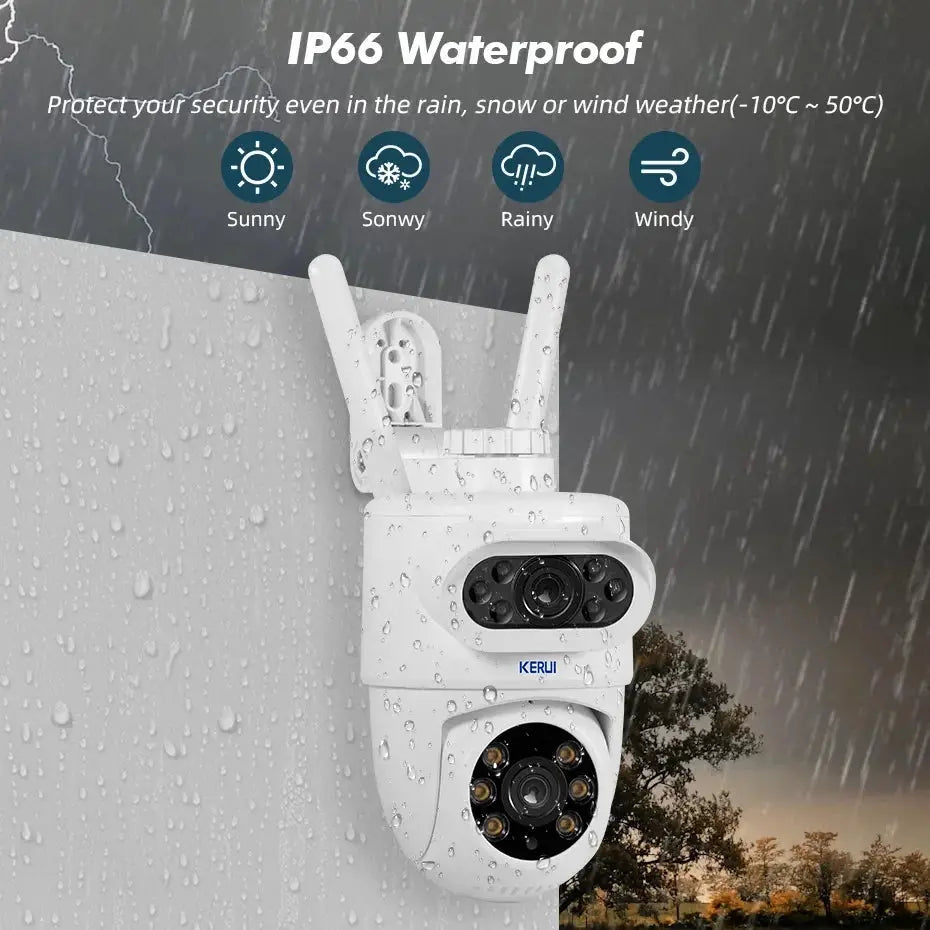 KERUI outdoor dual-lens WiFi security camera, white, IP66 waterproof with infrared LEDs