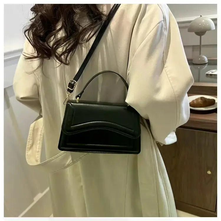 PU leather handbag, small black crossbody purse with top handle.