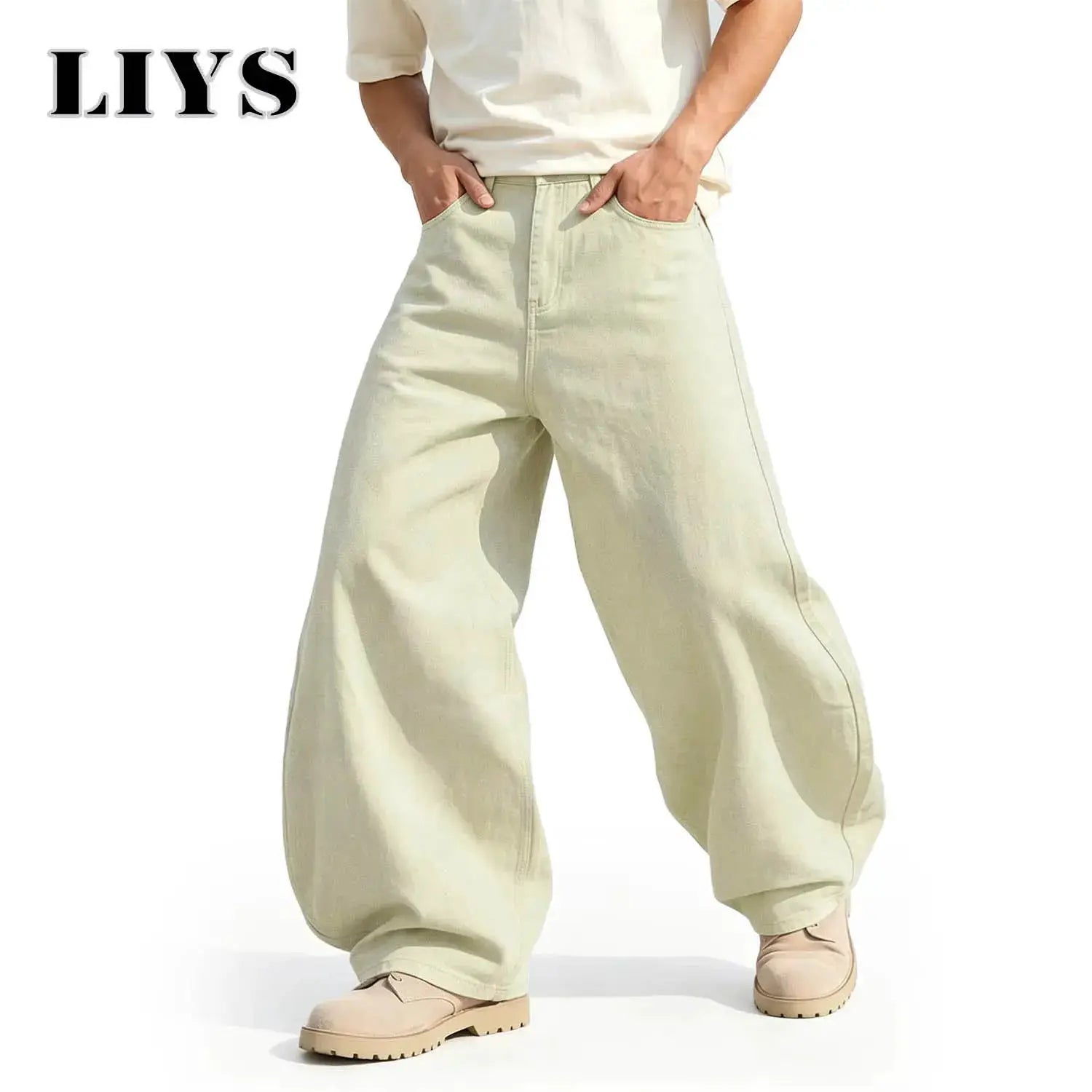 LIYS men's beige loose wide-leg high-waisted jeans by Simples Market