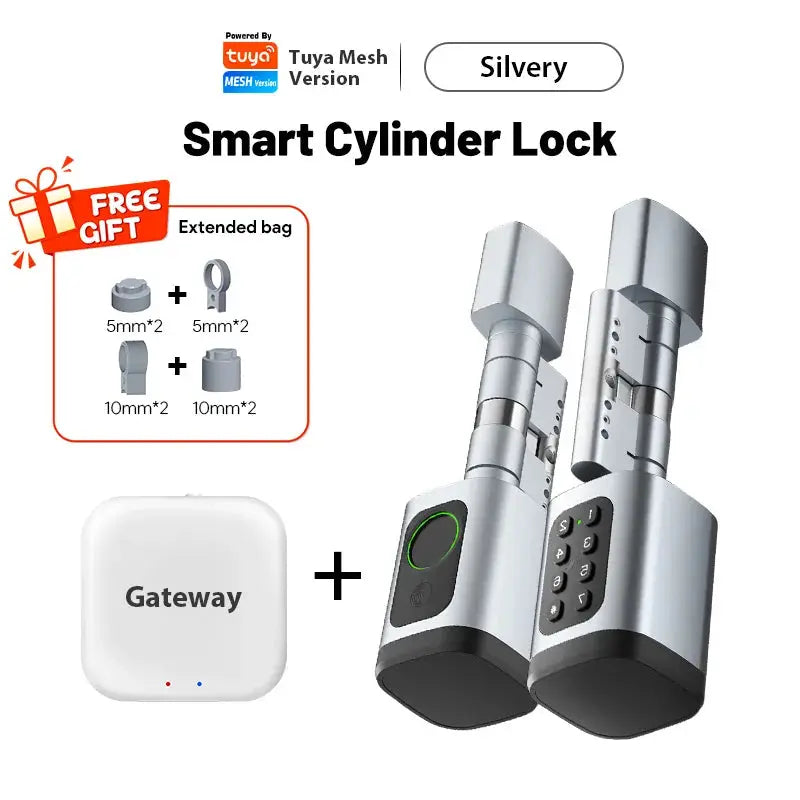 Smart cylinder lock set V1 Pro+ Silvery with fingerprint, password, RFID; two locks, gateway, and free gift kit