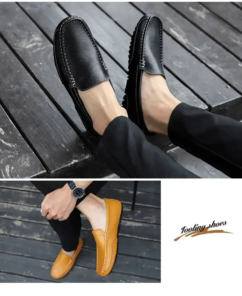 Men's genuine leather loafers, breathable slip-on moccasins in black and tan (two pairs) by Simples Market