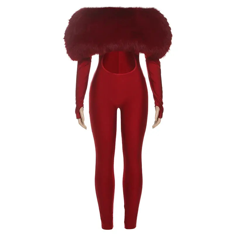 Sisterlinda red furry-collar slash-neck jumpsuit with long sleeves and stretchy fit