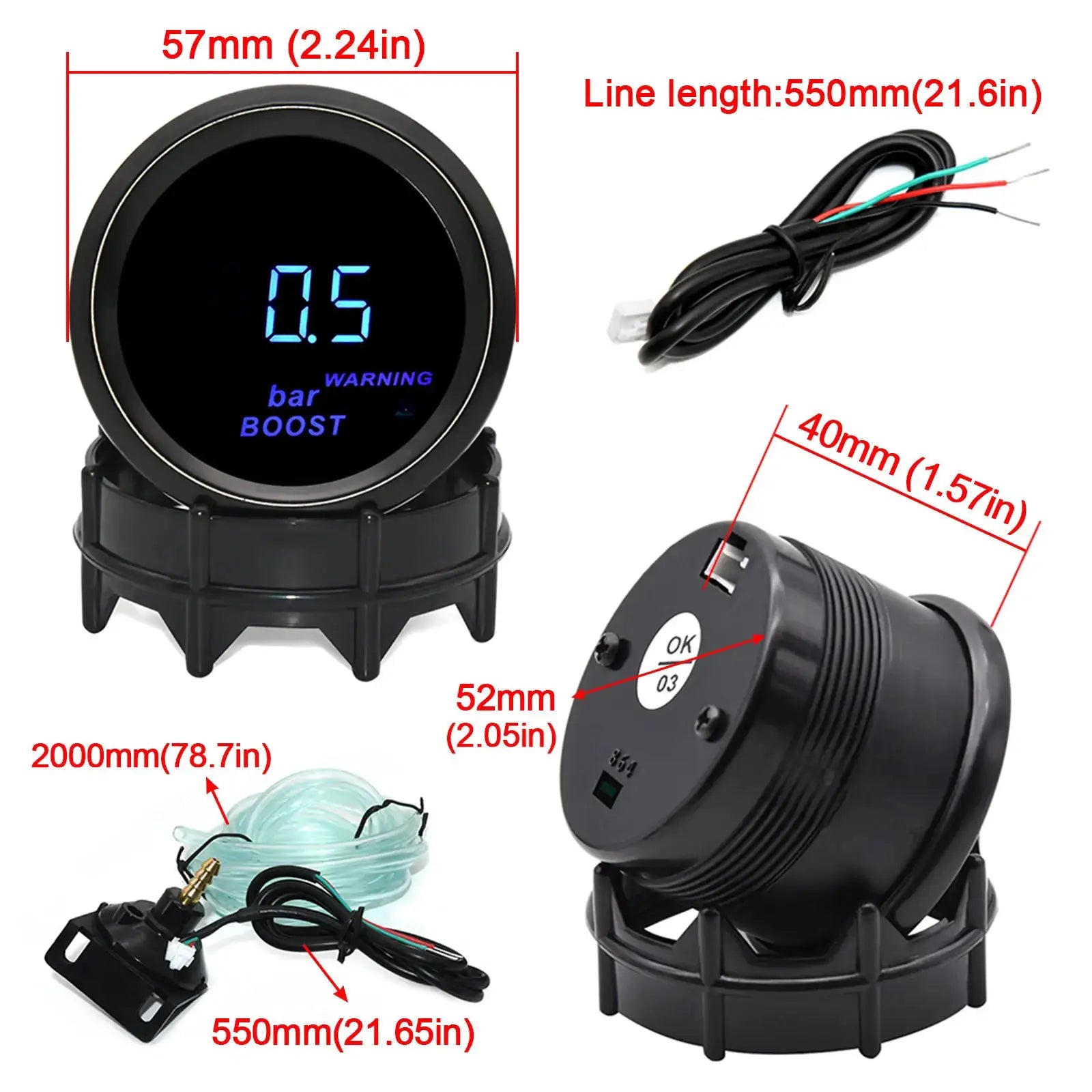Simples Market 52mm universal digital blue LED gauge kit with wiring for oil pressure, water temp, voltmeter and RPM