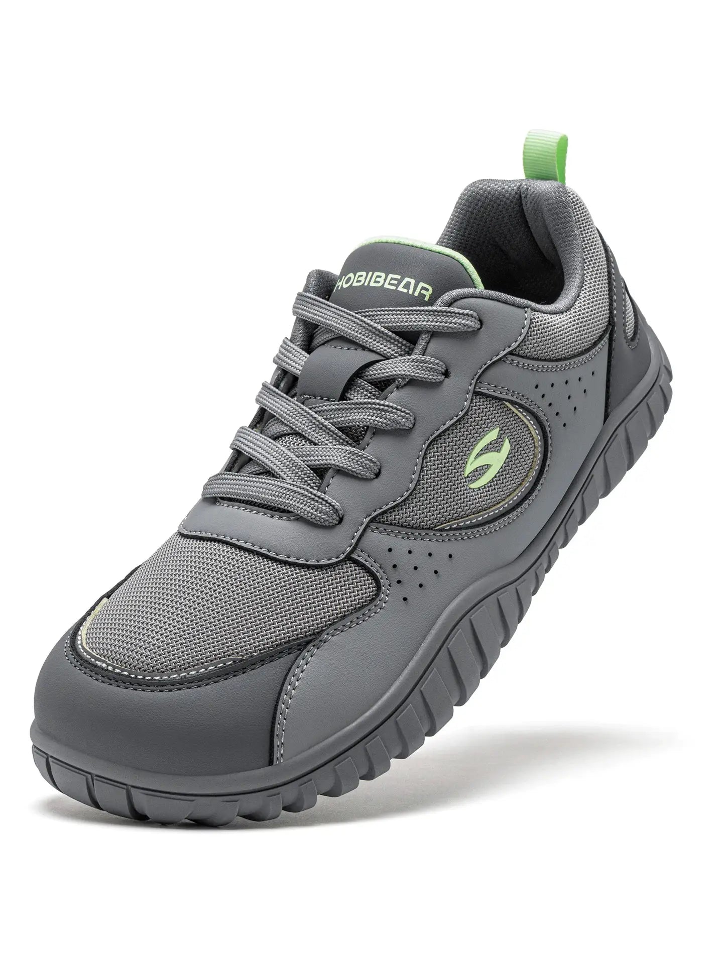 HOBIBEAR unisex wide-toe sneakers, gray mesh upper with lime green accents, lace-up walking shoes