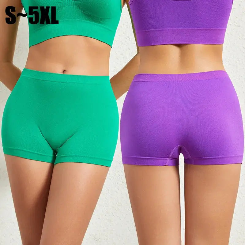 Women's seamless boyshort panties in green and purple, anti-chafing, stretchy 2-pack