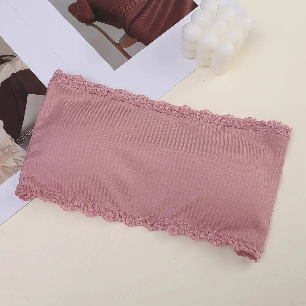 Simples Market pink lace-trim strapless push-up bralette; seamless ribbed tube top with floral lace edges.