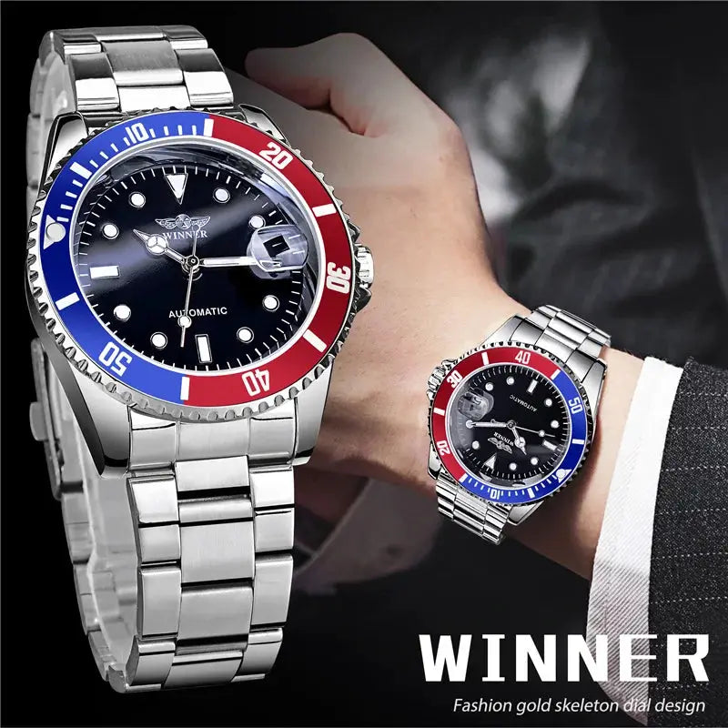 Winner 002 Automatic Mechanical Wristwatch Luminous Hands And Date Display Stainless Steel And Leather Strap For Men