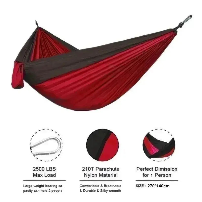 Outdoor single camping hammock Simples Market in red/black nylon parachute fabric; high-strength, portable hanging bed.