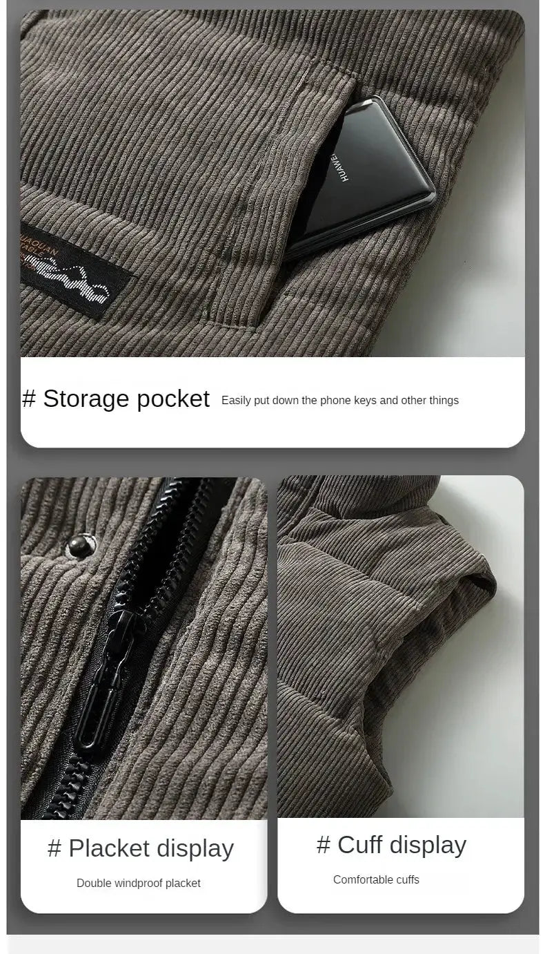 Men's padded corduroy vest with zipper, taupe color, by Simples Market, with storage pocket