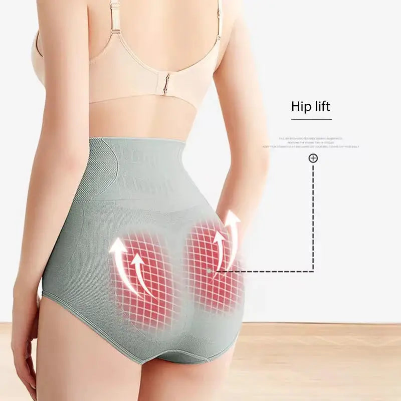 FINETOO women high-waist shaping panties, gray-green breathable body shaper with hip-lift support.