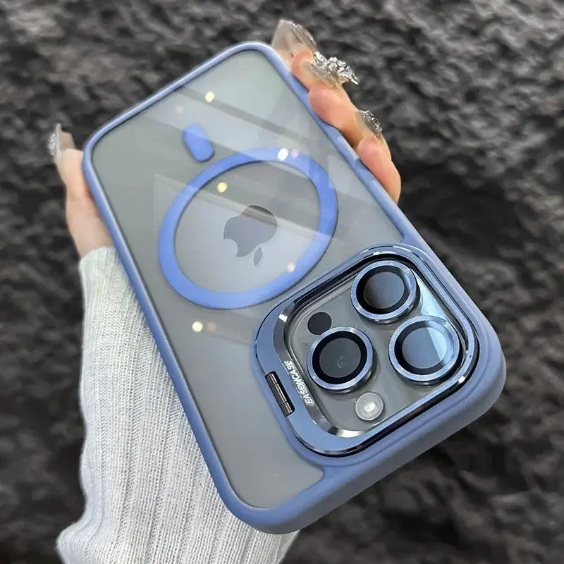 LuxGuard Luxury Magnetic Shockproof Phone Case for iPhone 11 to 16 Pro Max with Stand and Lens Protection