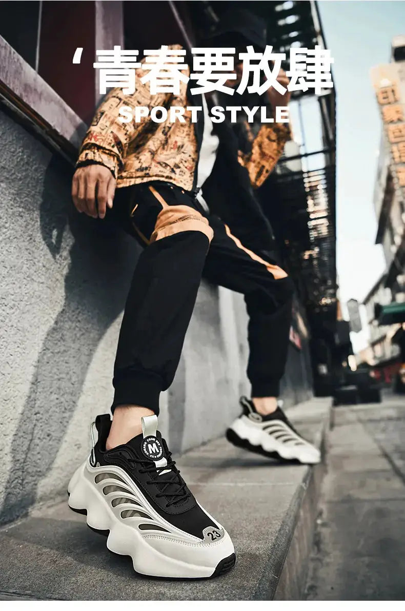 Simples Market men's sneakers, black and white with chunky wavy sole, two sneakers on urban steps