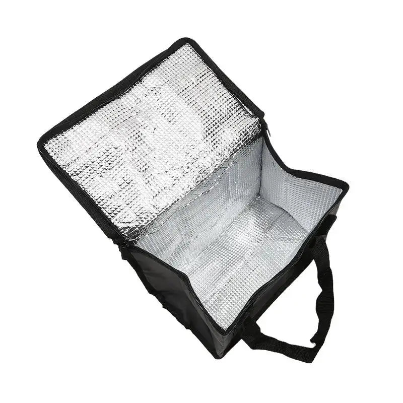 Simples Market portable insulated food delivery bag, large black thermal cooler with foil interior and carry handle.