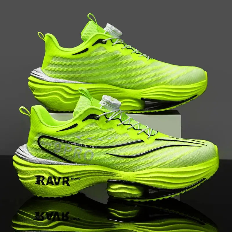 Men's neon yellow running shoes with cushioned carbon-plate midsole and RAVR logo, pair.