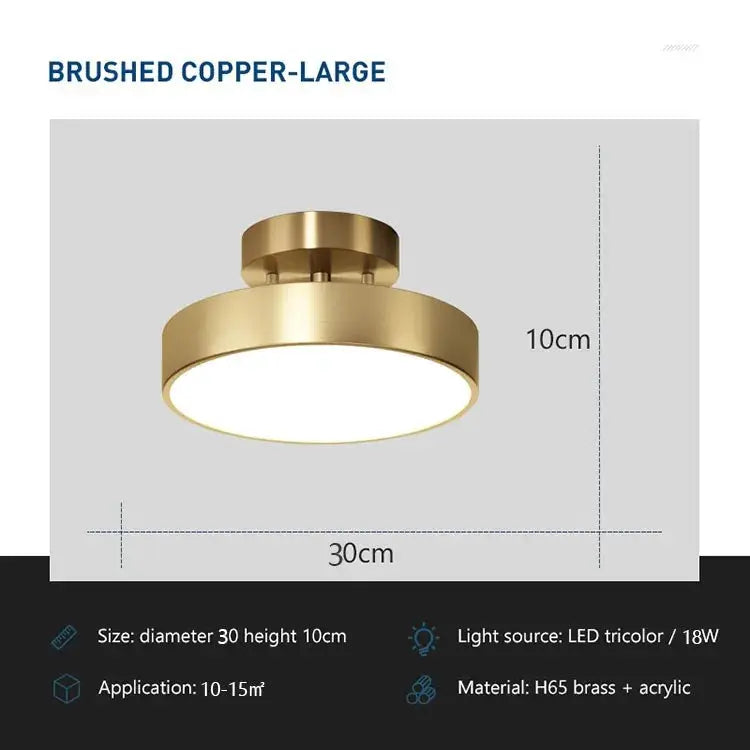 Simples Market modern LED ceiling light, brushed copper round flush-mount fixture, 30 cm diameter x 10 cm height, 18W LED.