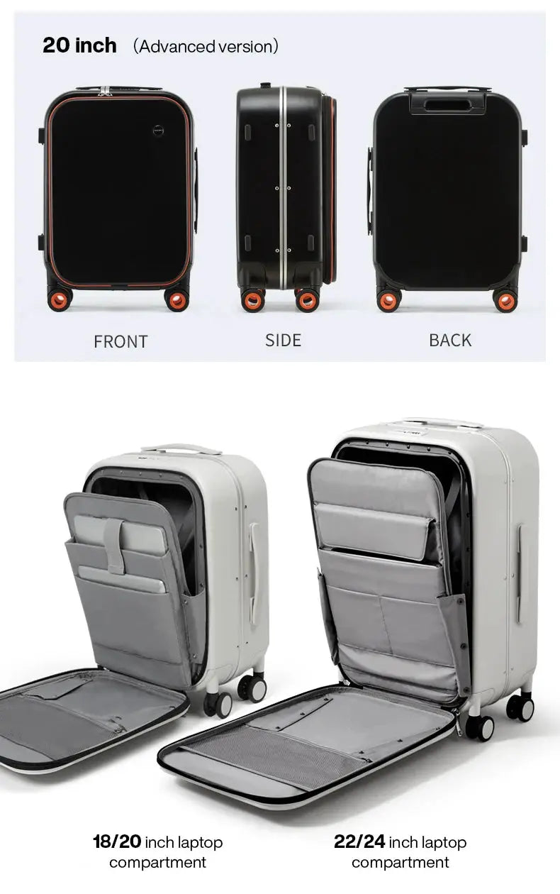 Mixi patent-design aluminum frame carry-on suitcase, white with orange wheels; two sizes 18/20 and 22/24 in with gray interior pockets