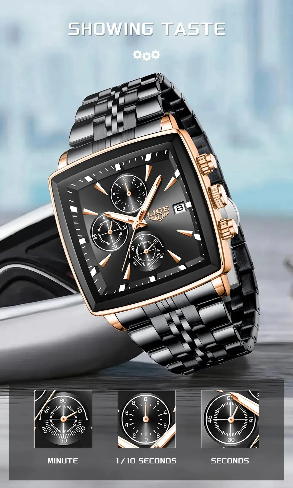 LIGE men's square-dial stainless steel luxury watch with black dial, rose-gold bezel, chronograph, date