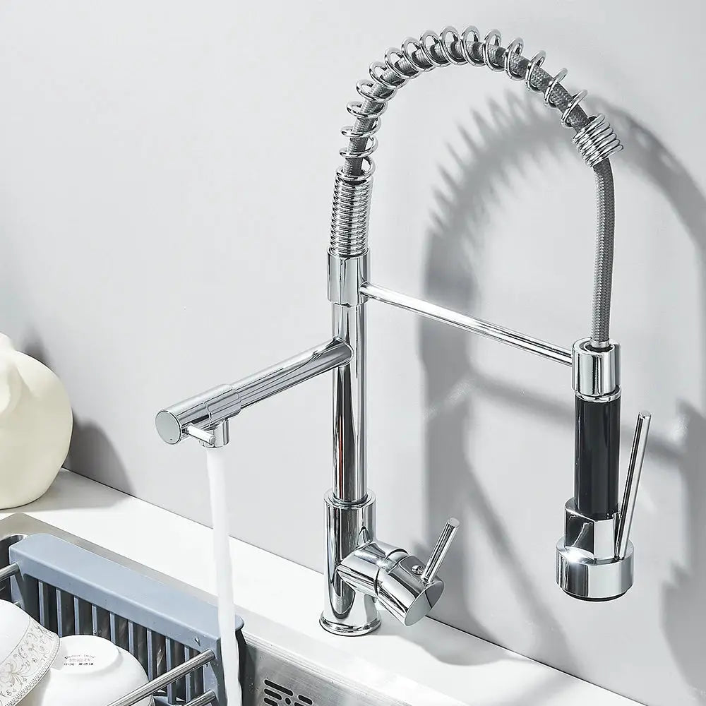 Chrome kitchen faucet with pull-down spray head, dual swivel spout, deck-mounted.