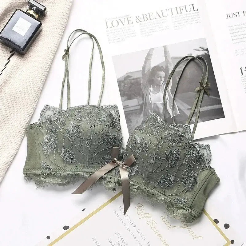 Simples Market olive green lace floral embroidery bralette, wireless with adjustable straps and bow