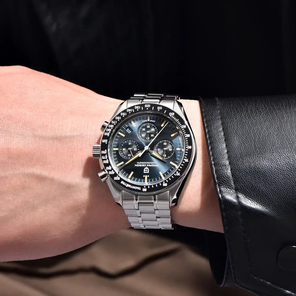 Pagani Design 500 Speedometer chronograph watch on stainless steel bracelet with black dial and luminous hands