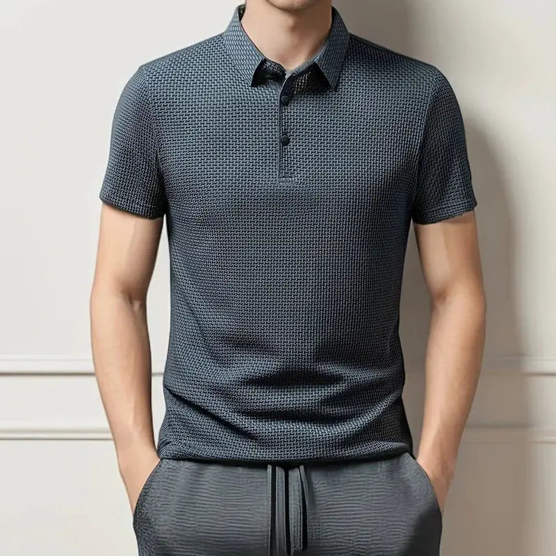 Men's navy short-sleeve polo shirt with a subtle micro pattern, breathable and versatile.