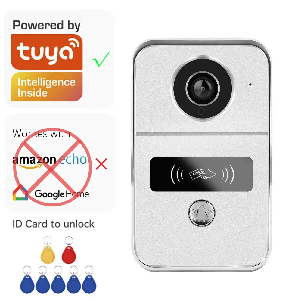Tuya Smart 1080P doorbell camera, silver metal unit with RFID card reader and yellow, red, and blue key fobs.