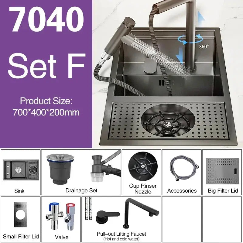 ASRAS Nano Black 8-piece kitchen sink set with lifting faucet and cup washer, concealed single bowl