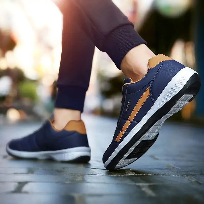 Leather men’s sneakers by Simples Market; navy with tan accents, casual vulcanized footwear with non-slip sole