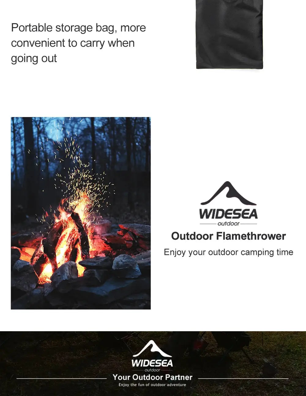 Widesea outdoor flamethrower camping torch, detachable stainless steel long handle, portable for outdoor fire starting.