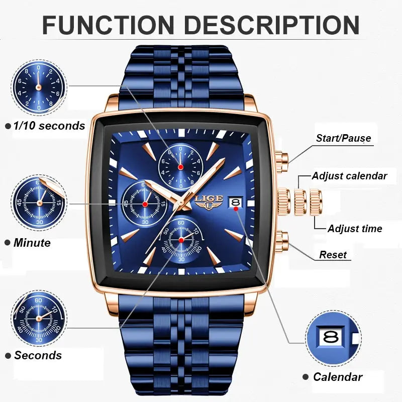 LIGE square blue dial men's wristwatch with blue stainless steel band, rose-gold case, waterproof quartz.