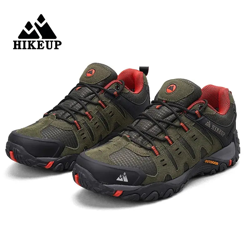 HIKEUP men's hiking shoes, olive suede leather with orange accents, pair
