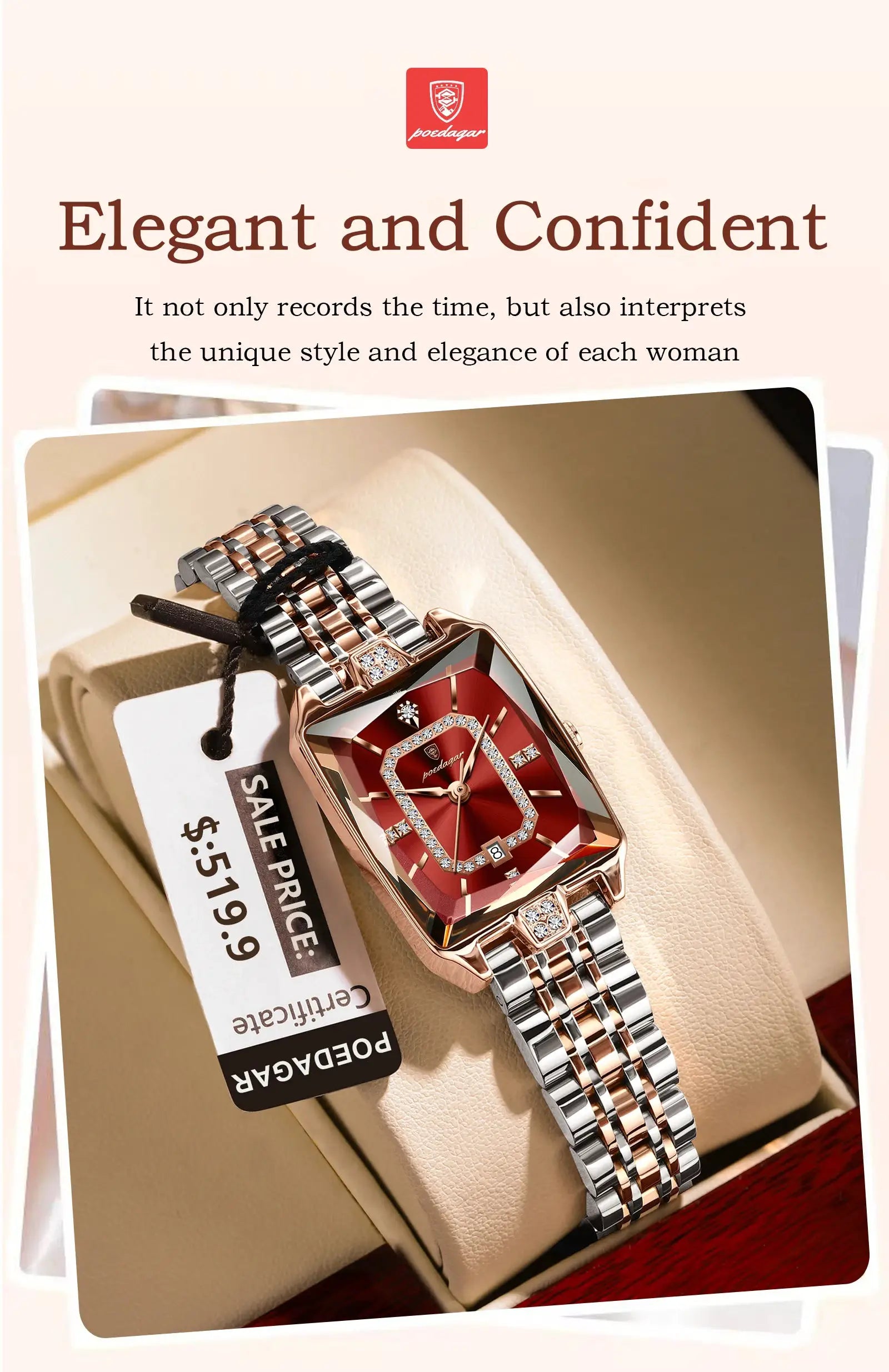 POEDAGAR luxury rectangular women's watch with two-tone stainless steel bracelet, red dial and crystal bezel