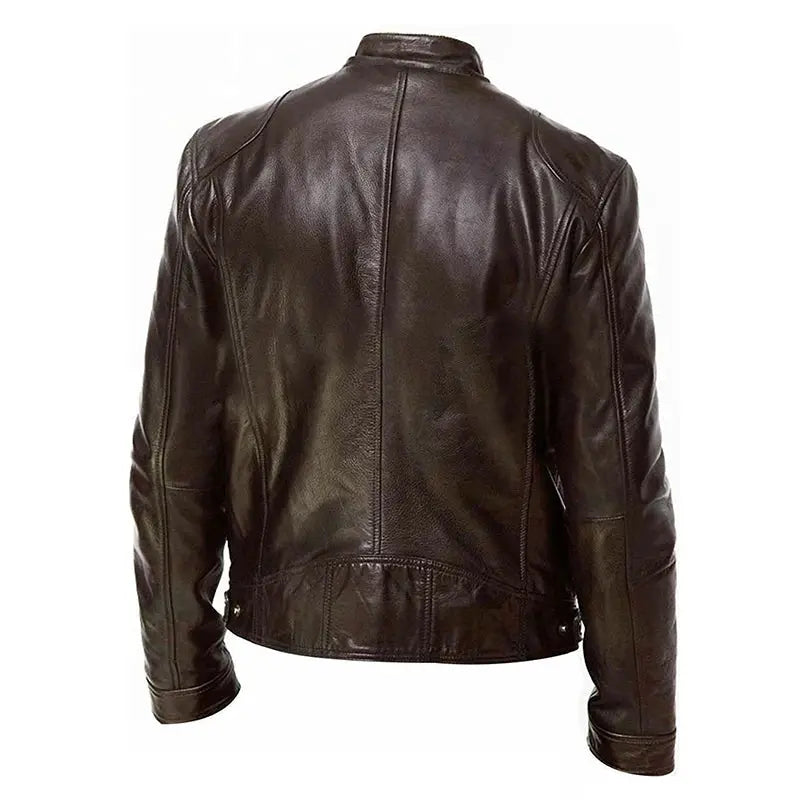 Men's brown PU leather motorcycle jacket by Simples Market, slim fit, anti-wind coat