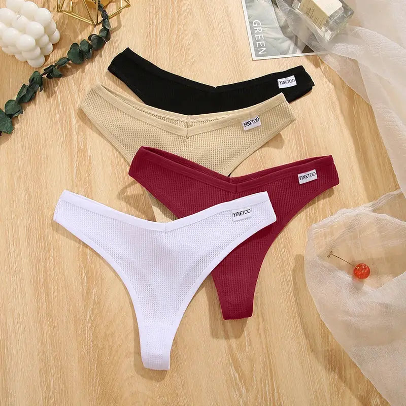 Waffle cotton thong panties, 4-pack by Simples Market in black, beige, burgundy, and white.