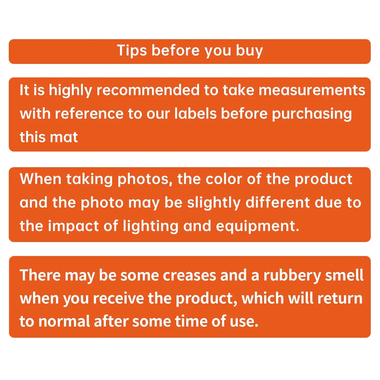 Orange information banners with white text showing tips before you buy, measurement guidance, and color/lighting notes.