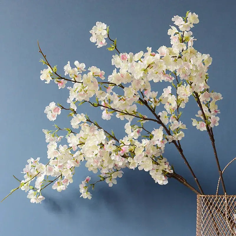 4 Stem Cherry Blossom Long Branch Silk Artificial Flowers For Bedroom Decor White Sakura Wedding 1 Piece