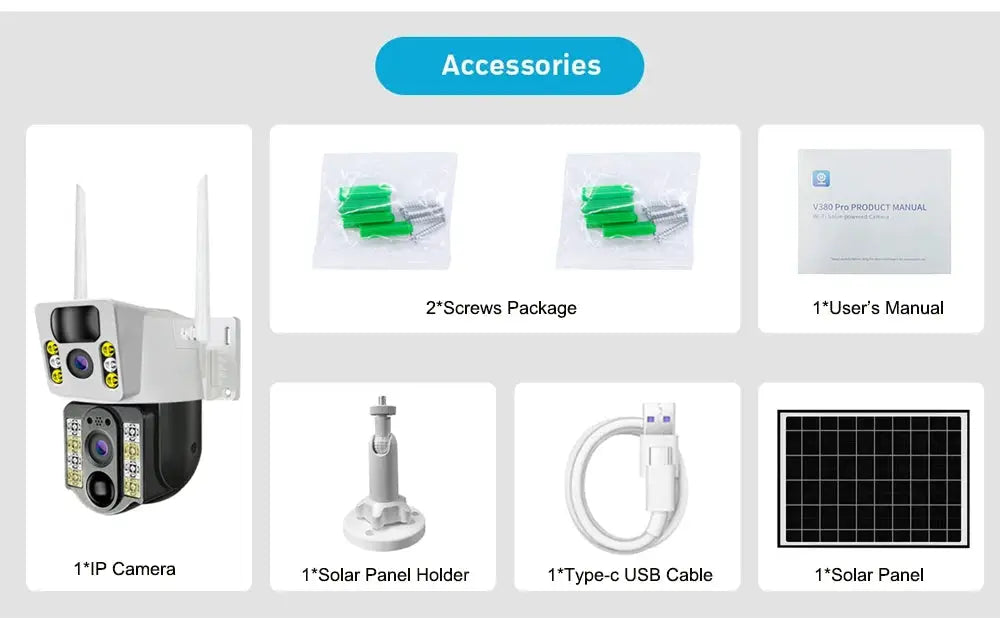 Simples Market V380 Pro IP camera accessories: 1 IP camera, 2 screws, solar panel, holder, USB-C cable, 1 manual.
