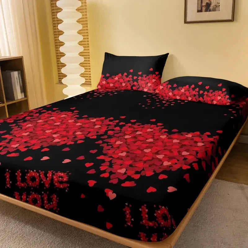 Bedsheet by Simples Market in black with red heart print, 1 piece