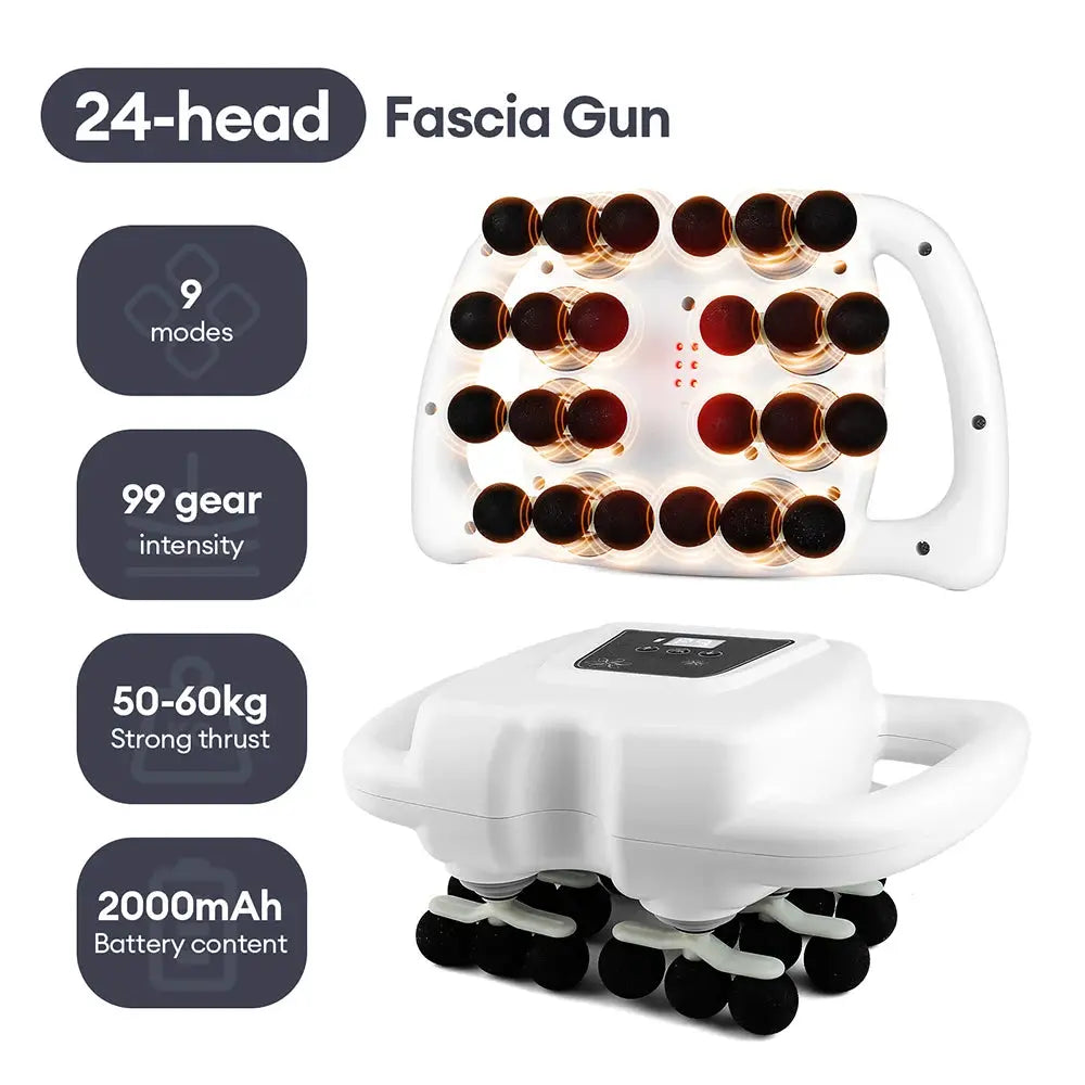 White 24-head fascia gun with base controller; 9 modes, 99 intensity for full-body back and neck massage