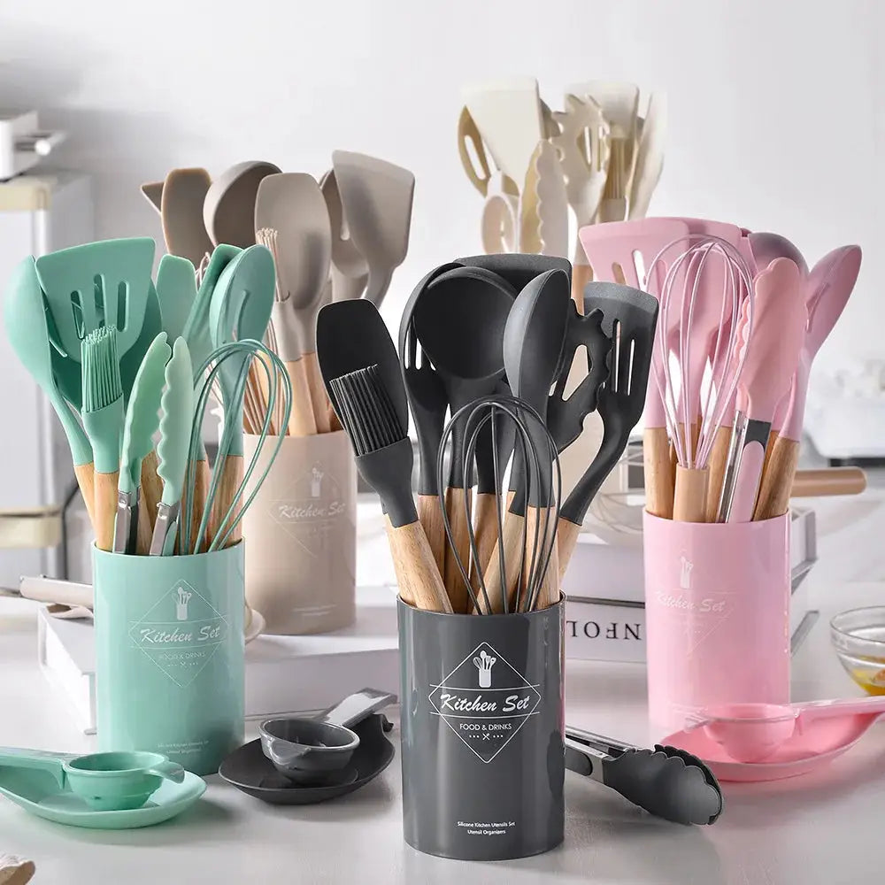 ChefGlow 12-Piece Silicone Kitchen Utensil Set With Nonstick Heat-Resistant Heads And Wooden Handles