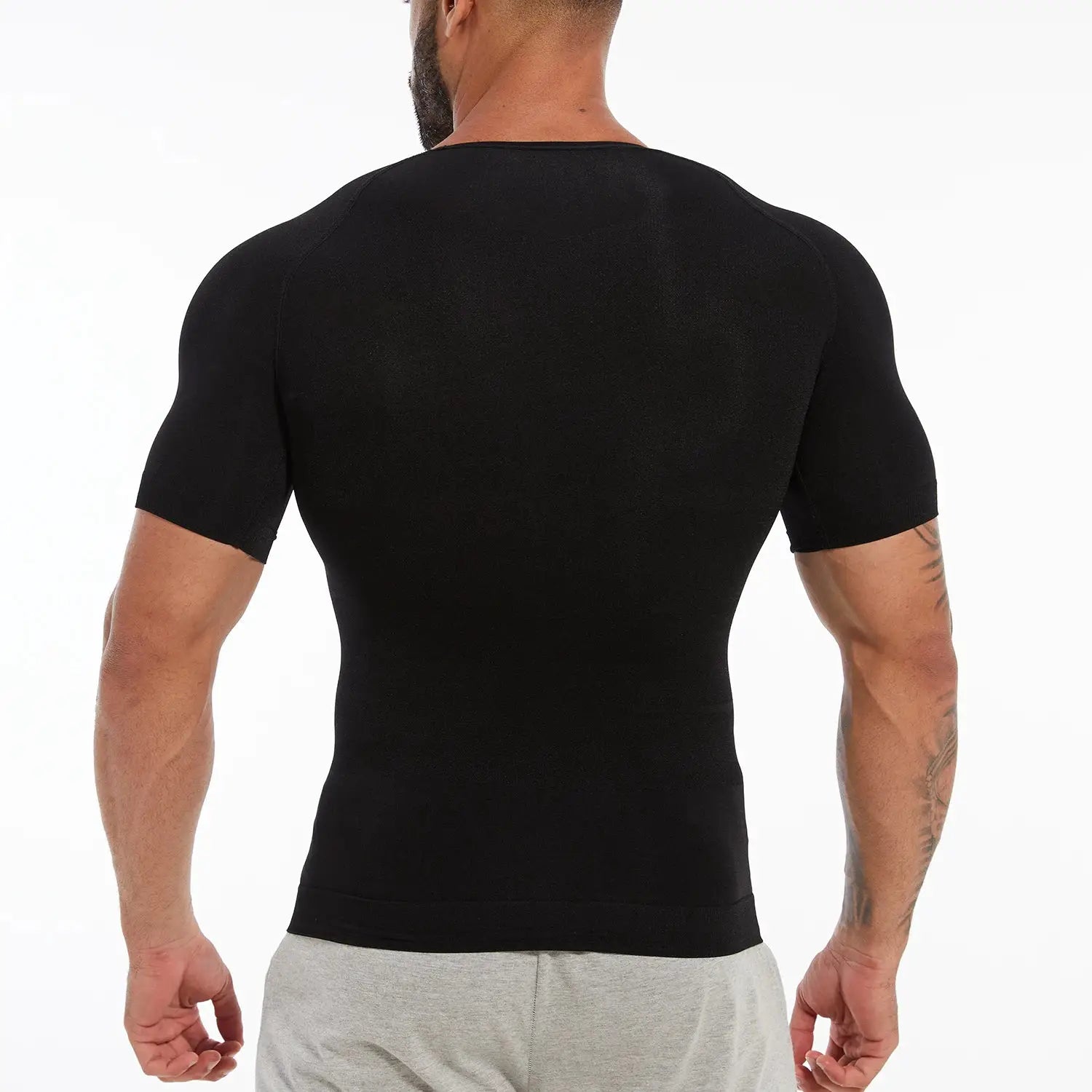 Men's black short-sleeve compression T-shirt, form-fitting, back view