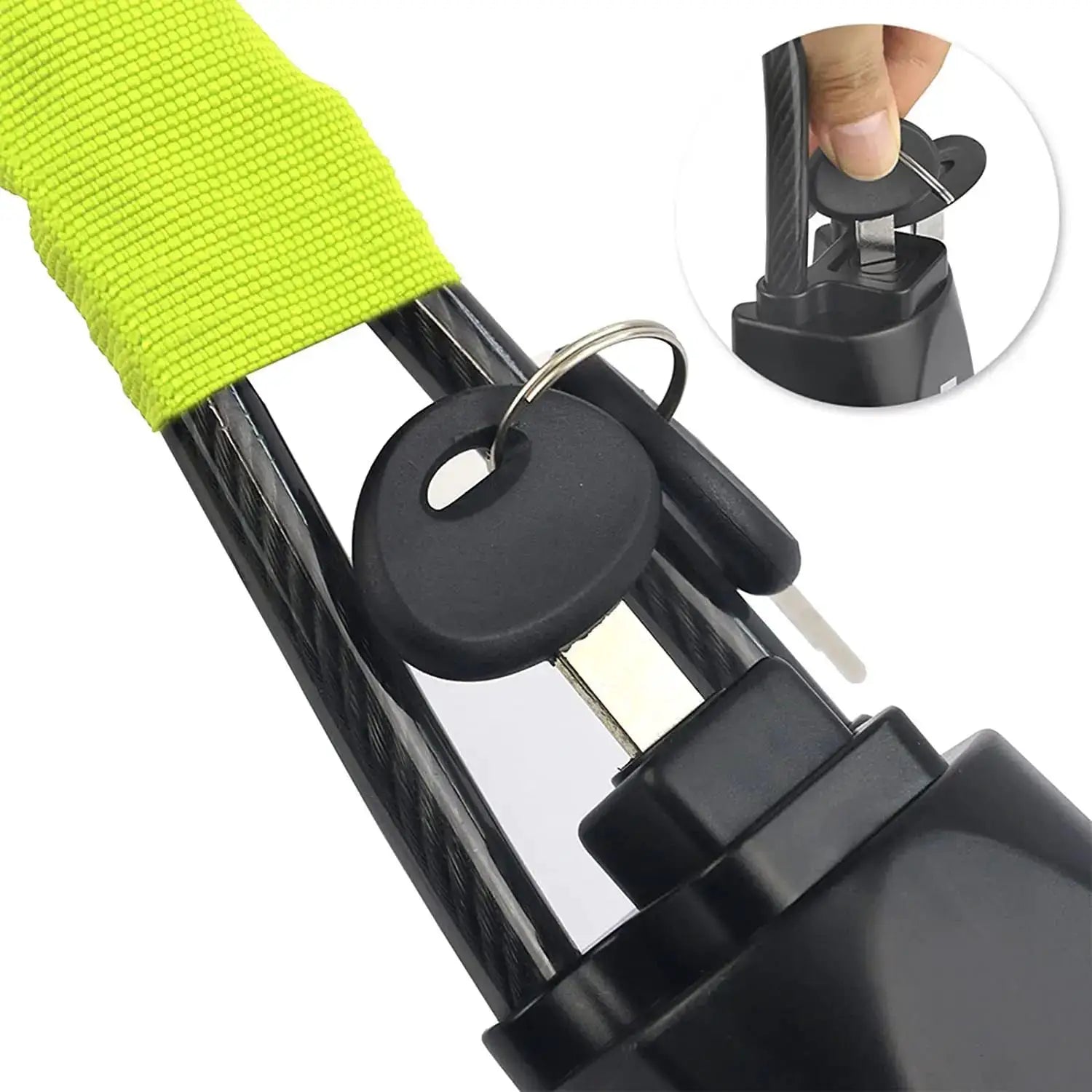 Car steering wheel lock by Simples Market with neon yellow strap and 2 keys, steel anti-theft device.