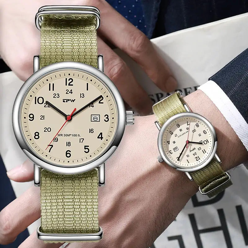 TPW field watches by Simples Market with olive fabric straps; beige 24-hour dials, date window, quartz movement set of 2