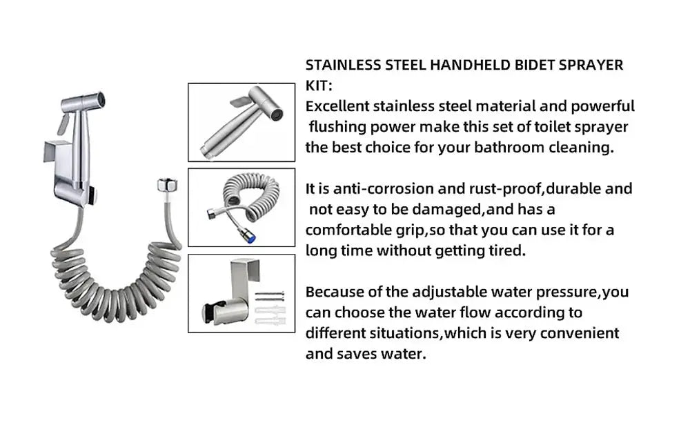 Handheld bidet sprayer kit, stainless steel, Simples Market, with 3-way valve and coiled hose